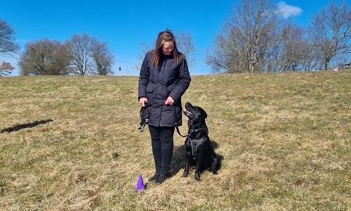 Kvinde og sort hund øver kontakt og ro på åben mark