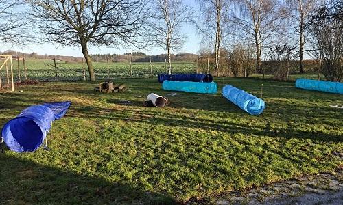 Træningsplads med flere blå tunneller opsat til tunnel-mania aktivitet